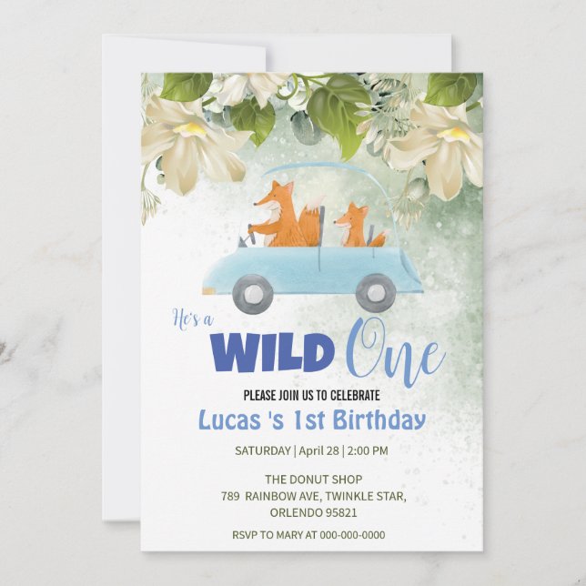 Invitación Cute Wild One Fox Animals Car Primer fiesta de cum (Anverso)
