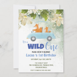 Invitación Cute Wild One Fox Animals Car Primer fiesta de cum