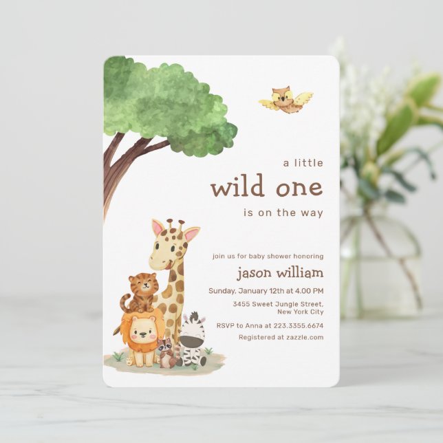 Invitación Cute Wild One Jungle Safari Animals Baby Shower (Anverso de pie)