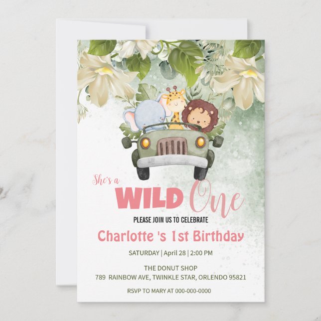 Invitación Cute Wild One Safari Animal Car 1ª flora de cumple (Anverso)