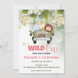 Invitación Cute Wild One Safari Animal Car 1ª flora de cumple