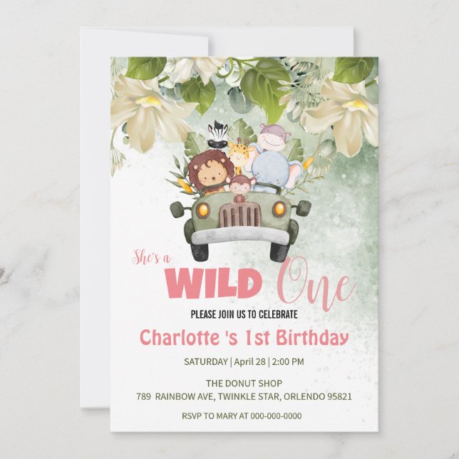 Invitación Cute Wild One Safari Animals Auto 1er piso de cump (Anverso)