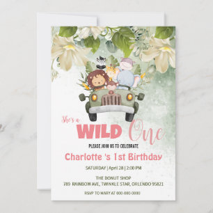 Invitación Cute Wild One Safari Animals Auto 1er piso de cump