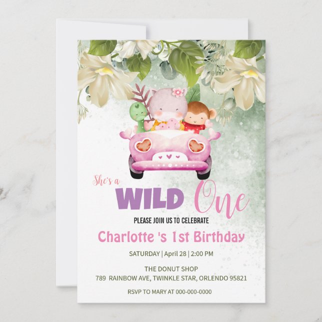 Invitación Cute Wild One Safari Animals Auto 1er piso de cump (Anverso)