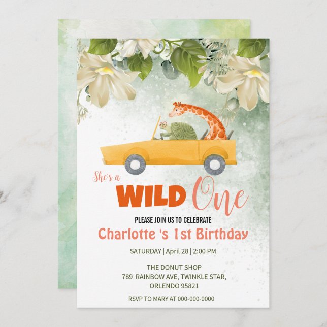 Invitación Cute Wild One Safari Animals Auto Primer cumpleaño (Anverso / Reverso)