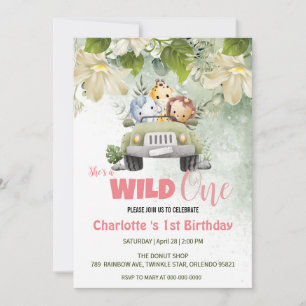 Invitación Cute Wild One safari baby cub 1er cumpleaños flora