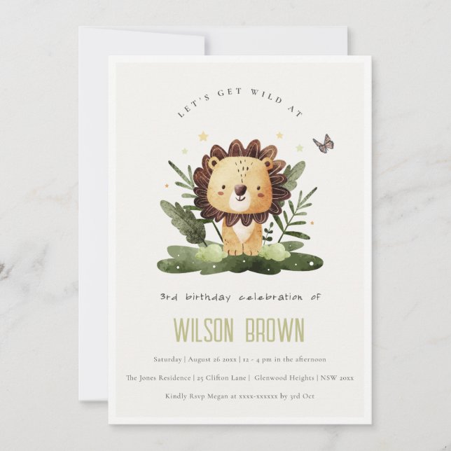 Invitación Cute Wild Tropical Jungle Animal León Cumpleaños (Anverso)