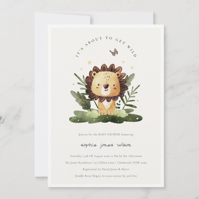 Invitación Cute Wild Tropical Jungle Animal Lion Baby Shower (Anverso)