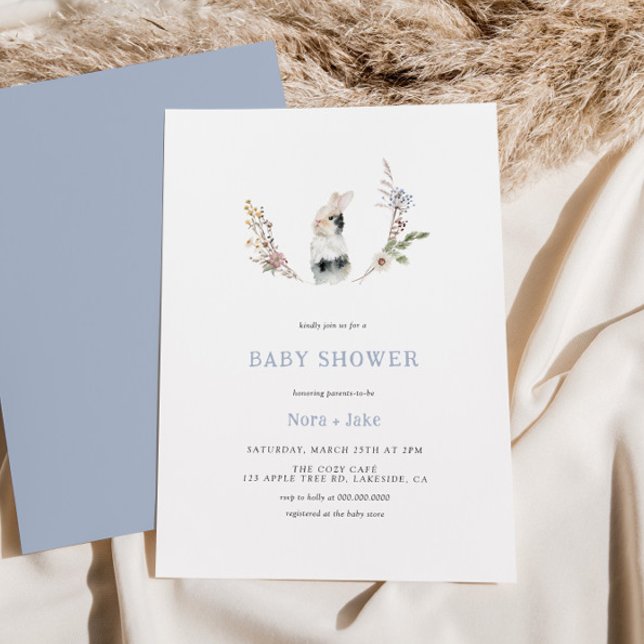 Invitación Cute Wildflower Bunny Dusty Blue Baby Shower (Subido por el creador)