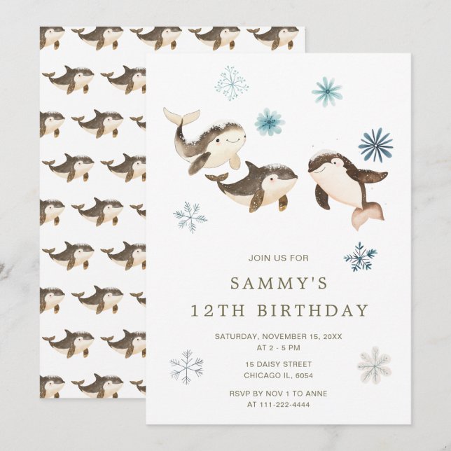 Invitación Cute Winter Arctic Whale Birthday Party (Anverso / Reverso)