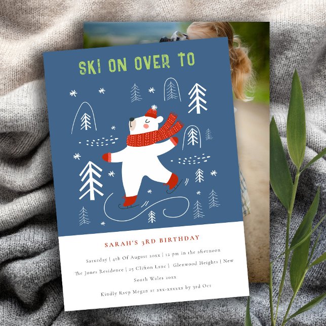Invitación Cute Winter Forest Bear Ski Foto Niños Cumpleaños (Subido por el creador)