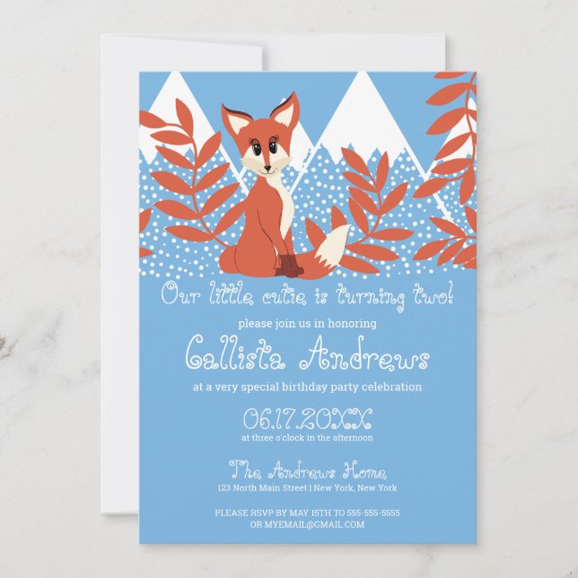 Invitación Cute Winter Naranja Fox Mountains Cumpleaños (Anverso)