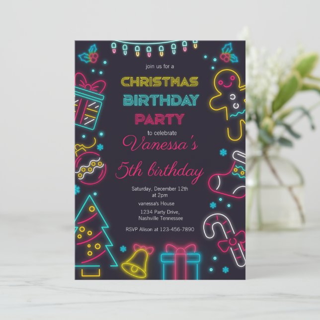 Invitación Cute Winter Neon Navidades Fiesta de cumpleaños (Anverso de pie)
