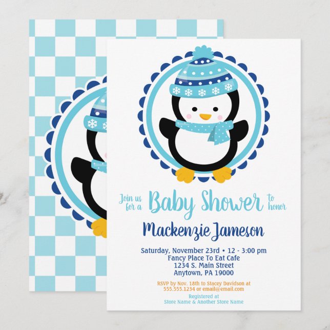 Invitación Cute Winter Penguin Baby Shower (Anverso / Reverso)