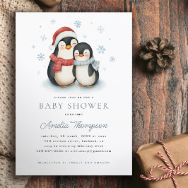 Invitación Cute Winter Penguin Family Navidades Baby Shower