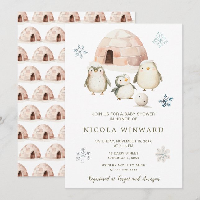 Invitación Cute Winter Penguins Baby Shower (Anverso / Reverso)