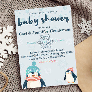 Invitación Cute Winter Snowy Penguin Baby Shower