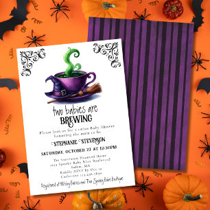 Invitación Cute Witch Coffee Cup Halloween Twins Baby Shower