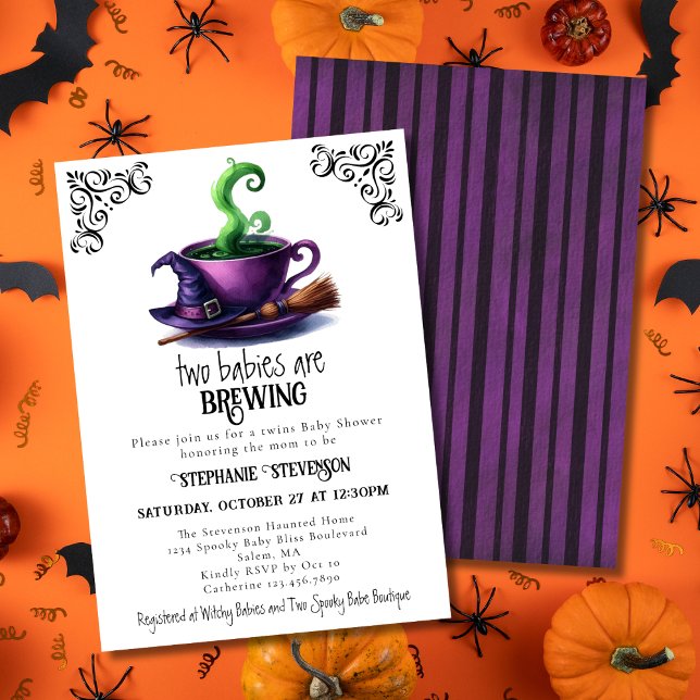 Invitación Cute Witch Coffee Cup Halloween Twins Baby Shower (Subido por el creador)