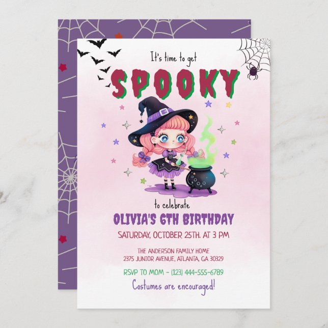 Invitación Cute Witch Halloween Chica Fiesta de cumpleaños (Anverso / Reverso)