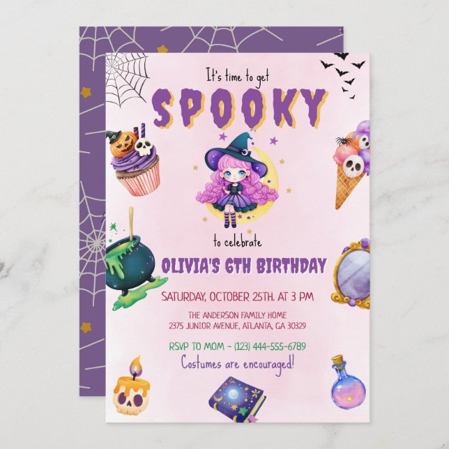 Invitación Cute Witch Halloween Chica Fiesta de cumpleaños (Anverso / Reverso)