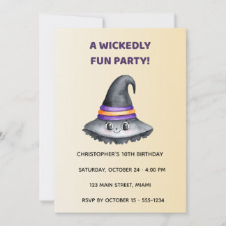 Invitación Cute Witch Hat Halloween Birthday Invitation Kids