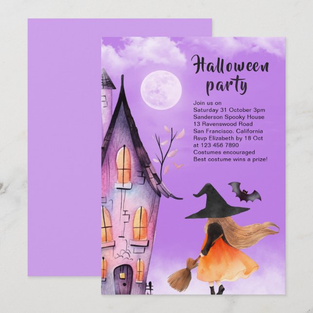 Invitación Cute Witch Kids Halloween Party Purple (Anverso / Reverso)