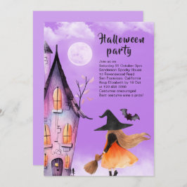 Invitación Cute Witch Kids Halloween Party Purple