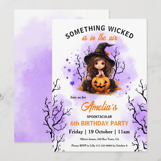 Invitación Cute Witch Purple Naranja Halloween cumpleaños (Anverso / Reverso)