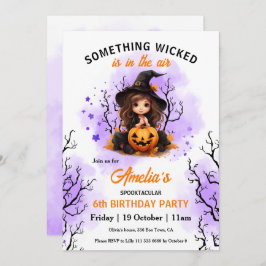 Invitación Cute Witch Purple Naranja Halloween cumpleaños