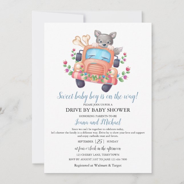 Invitación Cute Wolf Boy Baby Shower Drive Through   (Anverso)