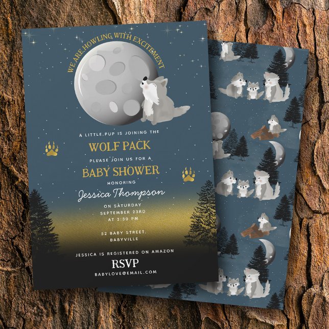 Invitación Cute Wolf Pack Woodland Moon Howling Baby Shower (Cute Wolf Pack Woodland Moon Howling Baby Shower Invitation)