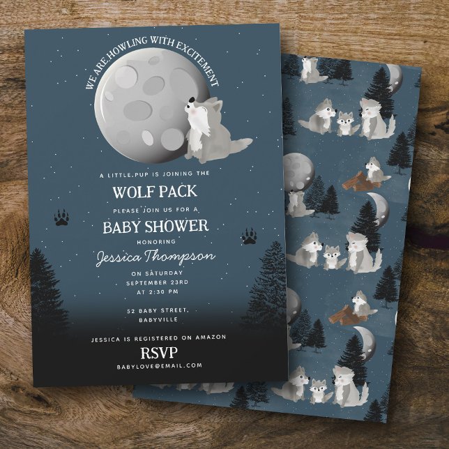 Invitación Cute Wolf Pack Woodland Moon Howling Baby Shower (Cute Wolf Pack Woodland Moon Howling Baby Shower Invitation)
