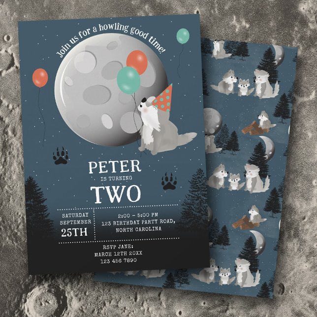 Invitación Cute Wolf Pack Woodland Moon Howling Birthday (Cute Wolf Pack Woodland Moon Howling Birthday Invitation)