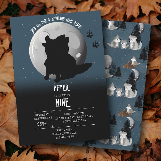 Invitación Cute Wolf Woodland Moon Howling Kids Birthday (Cute Wolf Woodland Moon Howling Kids Birthday Invitation)