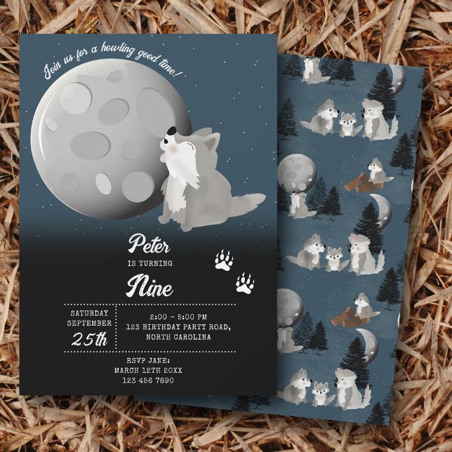 Invitación Cute Wolf Woodland Moon Howling Kids Birthday (Cute Wolf Woodland Moon Howling Kids Birthday Invitation)