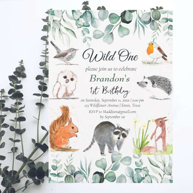 Invitación Cute Woodland Animales Eucalyptus Primer Cumpleaño (Subido por el creador)