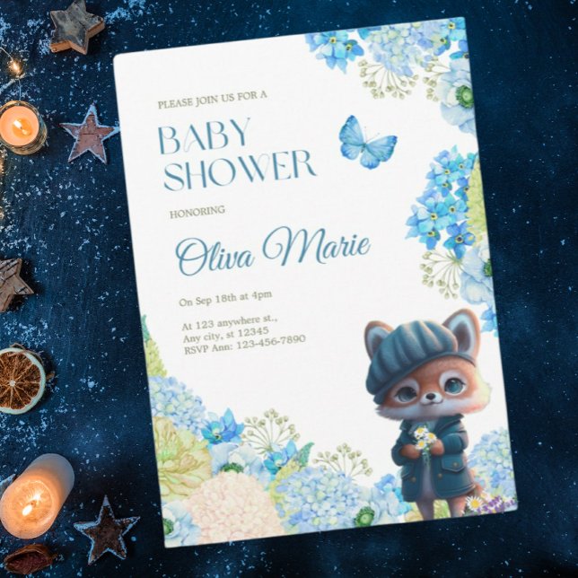 Invitación Cute Woodland Animales Fox Blue Floral Baby Shower (Subido por el creador)