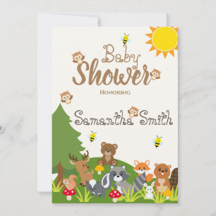 Invitación Cute Woodland Animales Green Tree Sun Baby Shower