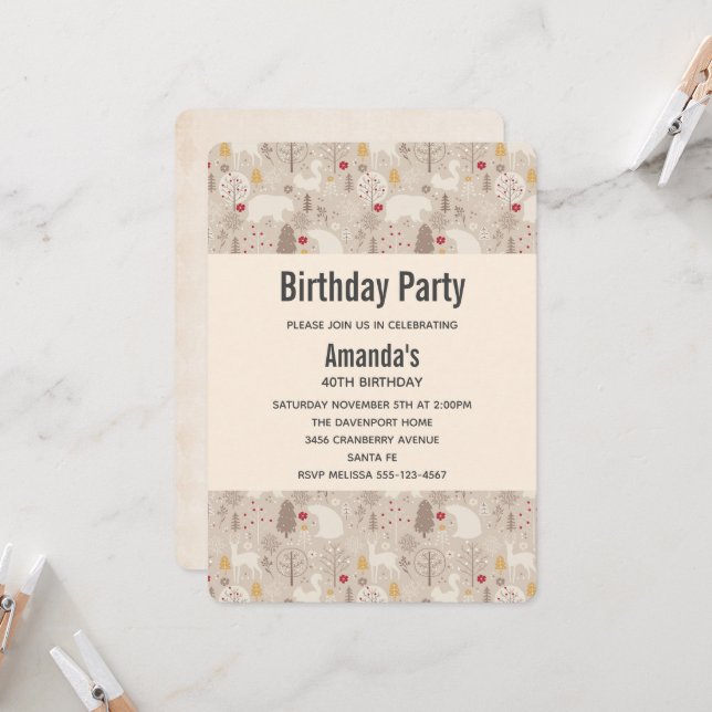 Invitación Cute Woodland Animales Nórdicos Patrón Cumpleaños (Anverso/Reverso In Situ)