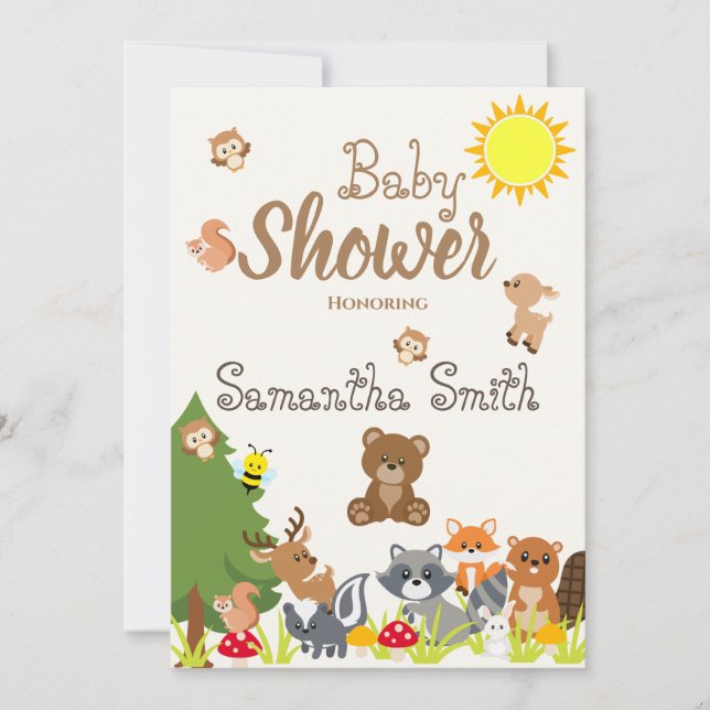 Invitación Cute Woodland Animals Abejas Solares Amarillas Bab (Anverso)