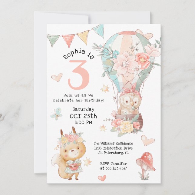 Invitación Cute Woodland Animals acuarela cumpleaños para Chi (Anverso)