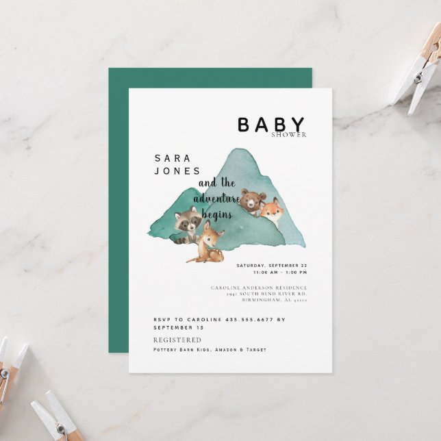 Invitación Cute Woodland Animals Adventure Baby Shower (Anverso/Reverso In Situ)