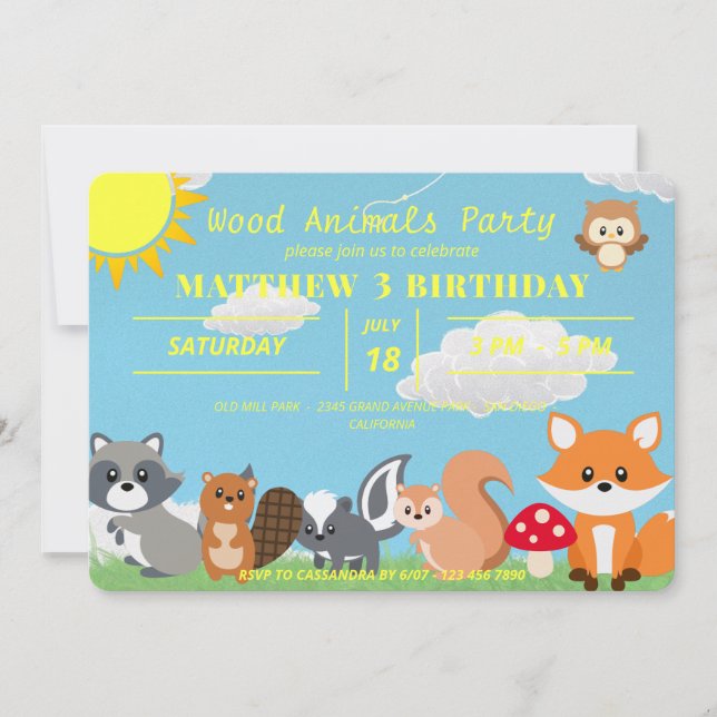 Invitación Cute Woodland Animals Amarillo Sol Nubes blancas (Anverso)