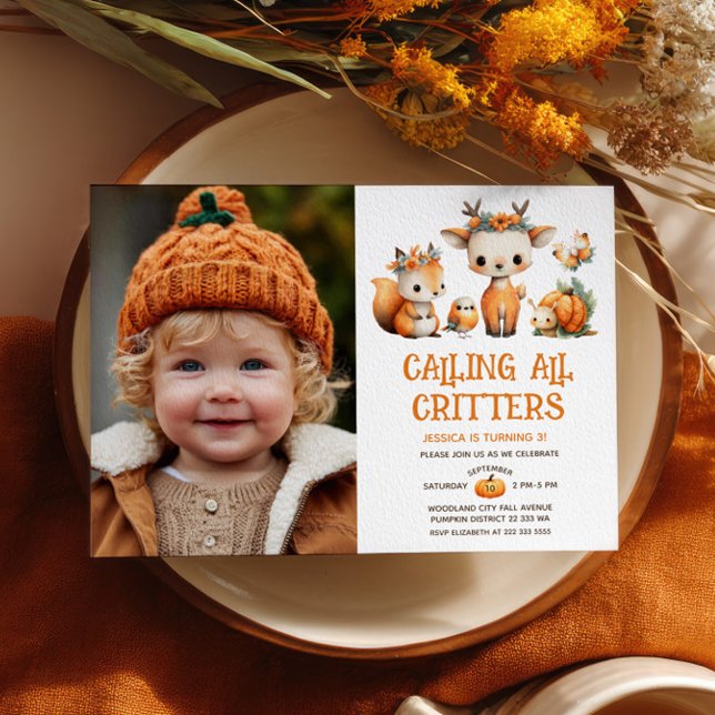 Invitación Cute Woodland Animals Autumn Kids' Birthday Photo (Subido por el creador)