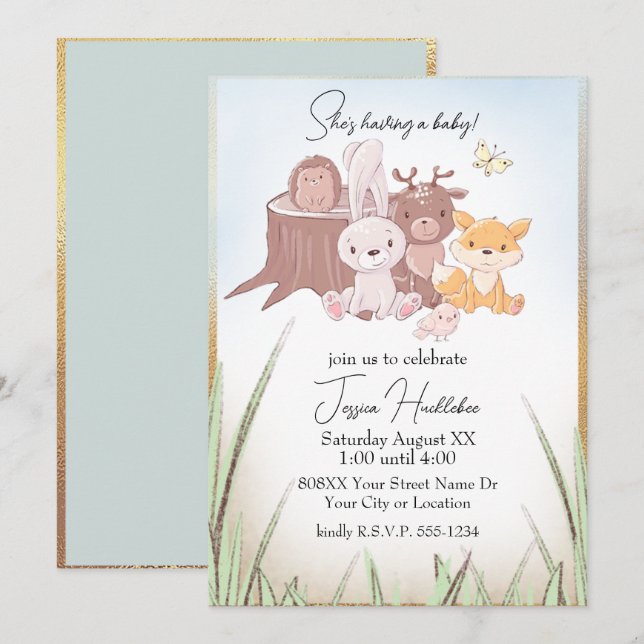 Invitación Cute Woodland Animals Baby Shower (Anverso / Reverso)