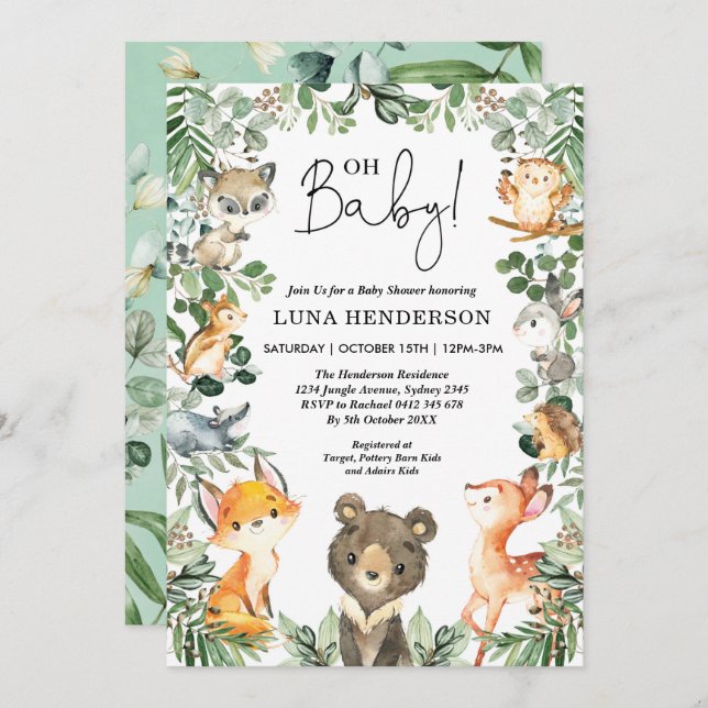 Invitación Cute Woodland Animals Baby Shower Forest Greenery (Anverso / Reverso)