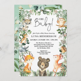 Invitación Cute Woodland Animals Baby Shower Forest Greenery