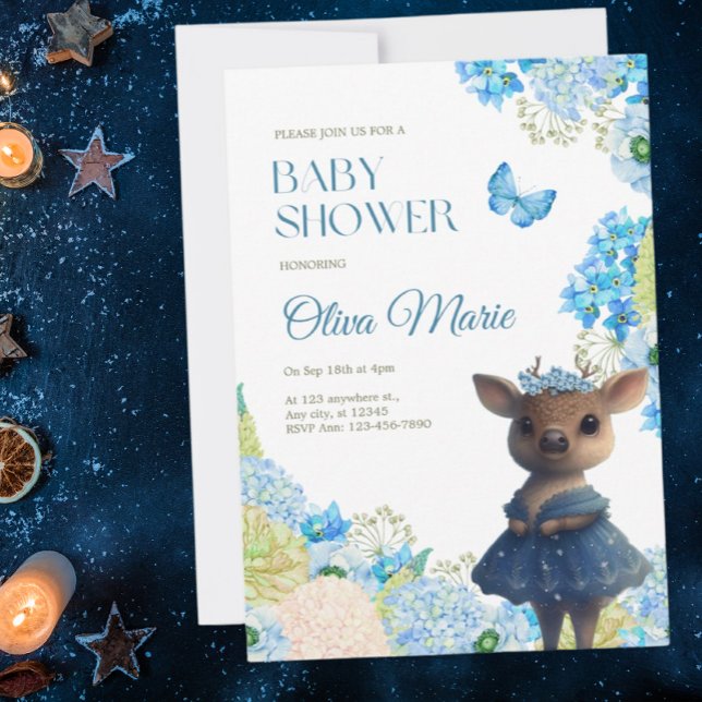 Invitación Cute Woodland Animals Deer Blue Floral Baby Shower (Subido por el creador)
