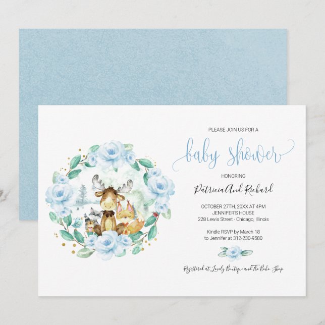 Invitación Cute Woodland Animals Floral Greenery Baby Shower (Anverso / Reverso)